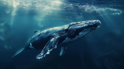 Fototapeta premium Ominous whale in deep blue sea. Generative AI.