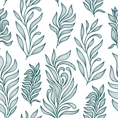 Vector seamless leaf pattern, foliage, plant line leaves, green on white. Hand drawn branches, nature print, fabric, summer decor