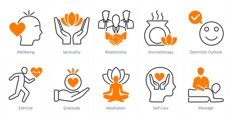 A set of 10 wellness icons as wellbeing, spirituality, relationship