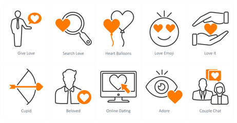 A set of 10 love and romance icons as give love, search love, heart balloons