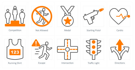 A set of 10 running icons as competition, not allowed, medal