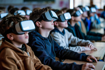 A group of children with virtual reality goggles seated at a classroom table looking away. Technology and virtual reality educational concept.
