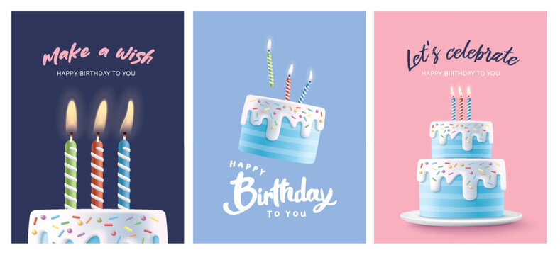 Happy Birthday celebration typography design with 3d birthday cake for greeting card, poster or banner. Vector illustration