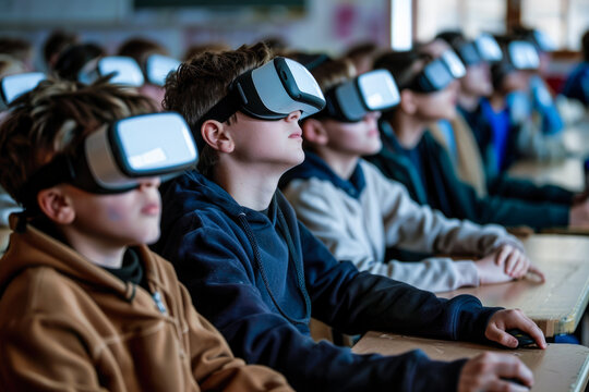 A group of children with virtual reality goggles seated at a classroom table looking away. Technology and virtual reality educational concept.
