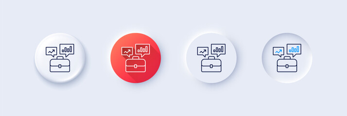 Business portfolio with Growth charts line icon. Neumorphic, Red gradient, 3d pin buttons. Job Interview sign. Line icons. Neumorphic buttons with outline signs. Vector
