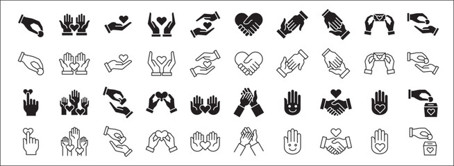 Collection of charity and donation icon set. Aids icons. Charity hands icon. Giving hand sign. Helping hand symbol. Vector stock illustration in flat style design resource for button and website.