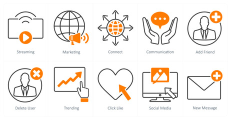 A set of 10 social media icons as streaming, marketing, connect