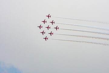 Palio Faliro,Greece -May 18,2024.RAF bitish acrobatic display team The Red Arrows perform at Palio Faliro,Greece