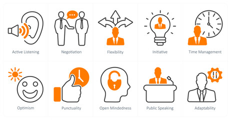 A set of 10 soft skills icons as active listening, negotiation, flexibility