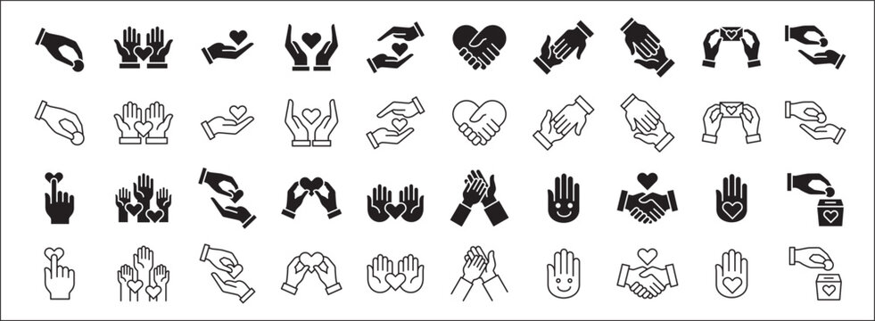 Collection of charity and donation icon set. Aids icons. Charity hands icon. Giving hand sign. Helping hand symbol. Vector stock illustration in flat style design resource for button and website.
