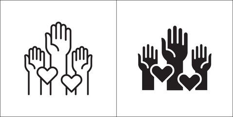 Fototapeta premium Raising hands for volunteer icon. Participate hands icons. Icon for charity, donation, compassion, solidarity and humanitarian. Vector Stock logo illustration in flat and line design style.