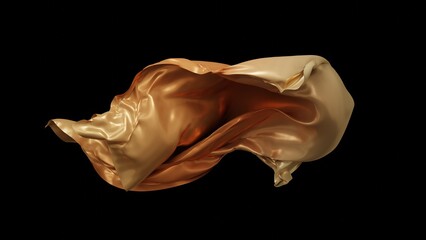 Luxurious golden fabric captured mid motion, forming elegant folds and dynamic curves. High resolution 3D render with dark background, ideal for branding, fashion campaigns, or abstract art concepts.