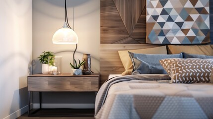 A bedroom with a modern, geometric headboard, a stylish bedside table, and a chic, pendant light