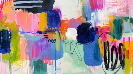 abstract painting of shapes and forms, with vivid colors, bold strokes