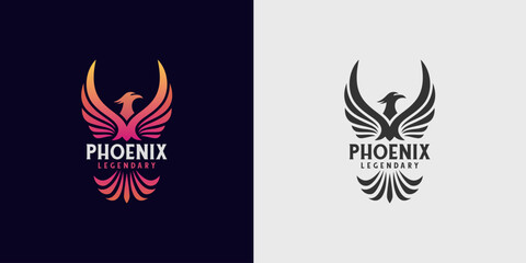 Phoenix logo illustration with two version. Red and silhouette Color Phoenix Bird with Spread Wing Logo Design