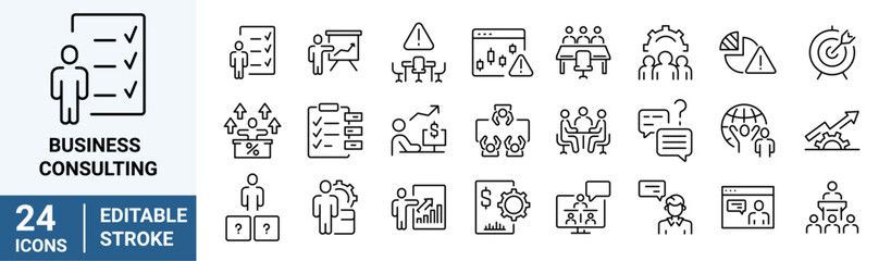 Business Consulting line web icons. teamwork, co-workers, cooperation. Business training. Editable stroke.