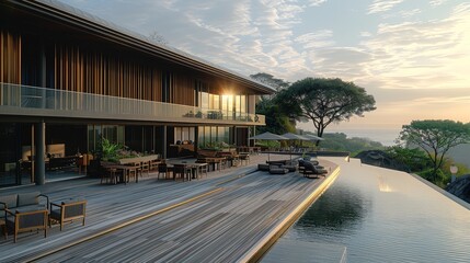 Architectural clubhouse of resort, modern design, grey wood, deck outdoor. Generative AI.