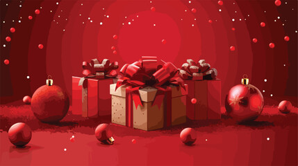 Christmas gift and balls on red background Vector illustration