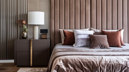 A bedroom with a modern, wall-mounted headboard, a stylish nightstand, and a plush, velvet bedspread
