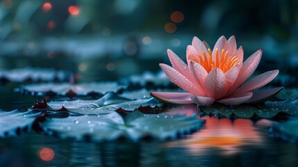 Panoramic of blooming Lotus flower on Green blurred background.Colorful water lily or lotus flower Attraction in the pond 