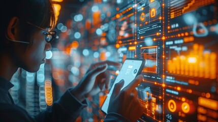 Professional analyzing business data on a smartphone, technology interface overlay. Generative AI.