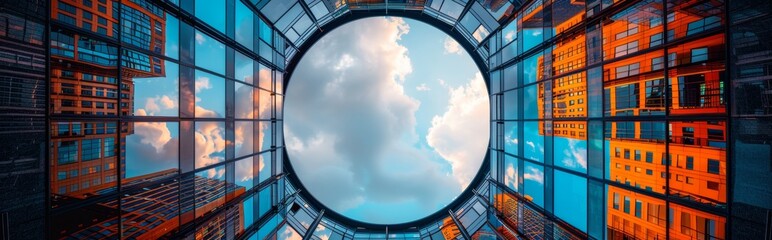 Fototapeta premium Cityscape Panorama with Architectural Structures and Luminous Celestial Halo in Dramatic Low Angle View - Digital Conceptual Illustration