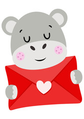 Loving hippo holding a valentine letter envelope