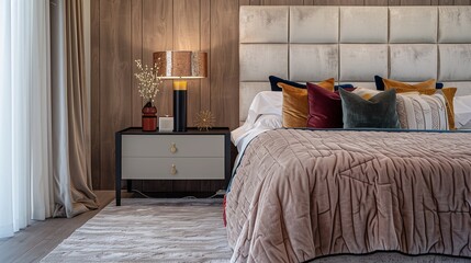 A bedroom with a modern, wall-mounted headboard, a stylish nightstand, and a plush, velvet bedspread