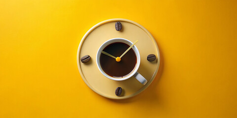 Coffee clock on yellow background. creative idea. minimal concept
