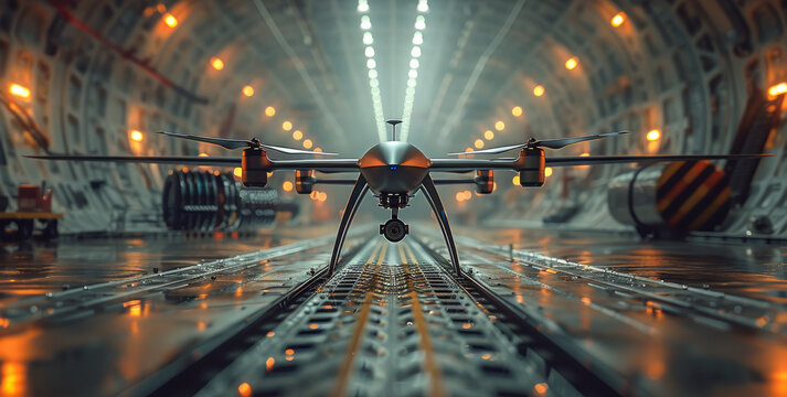 A drone flies into the cargo hold of an aircraft. Generative AI.