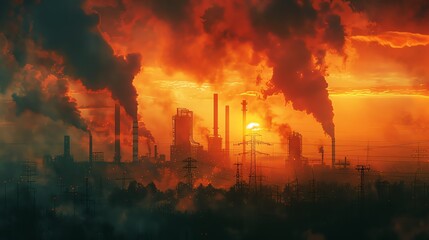 A dark, ominous factory billows thick, black smoke into the blood-red sky. The scene is a warning of the dangers of pollution and climate change.