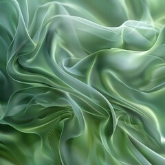 Generate an image of a close-up of a crumpled green silk fabric with soft folds and a smooth texture.