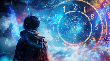Naklejka premium Person Standing in Front of a Clock