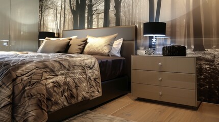 A bedroom with a sleek, high-gloss nightstand, a contemporary bedspread, and a unique wall mural