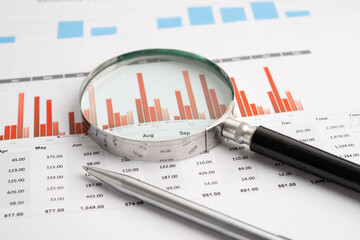 Magnifying glass on spreadsheet and graph paper. Financial development, Banking Account, Statistic,...