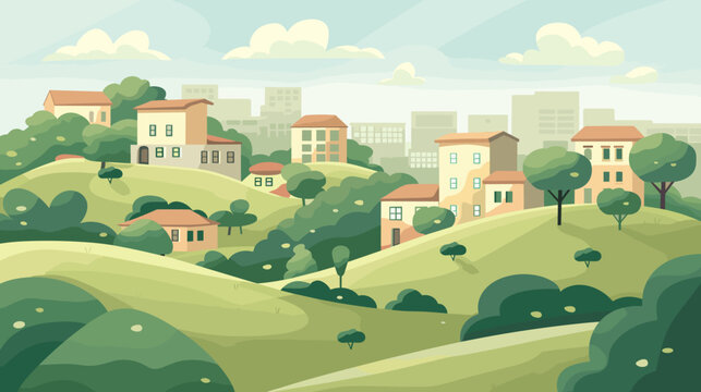 Simple urban landscape with buildings, hills, and trees, creating a calm and peaceful city background