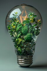 A light bulb with a glowing filament made of plants. The bulb is filled with lush green leaves.