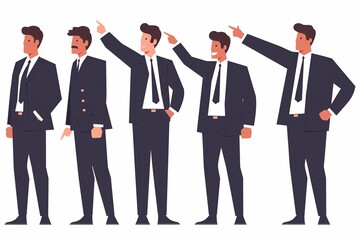 Group of businessmen making gestures of pointing fingers, pointing their hands in the upward direction, vector illustration.