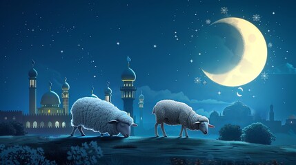 sheep in front of mosque Eid ul adha islamic background