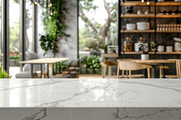Bokeh effect in an office interior with marble stone tabletop for product display. Concept Bokeh Effect, Office Interior, Marble Stone Tabletop, Product Display, Photography