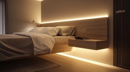A bedroom with a sleek, minimalist design, featuring a custom-built floating nightstand and soft LED lighting