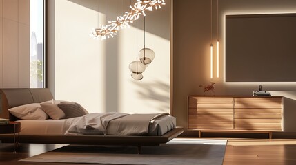 A bedroom with a sleek, modern bed frame, a stylish dresser, and a unique, hanging light fixture