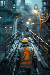 A lone worker in a hard hat and safety vest walks through a dark and dangerous industrial area.