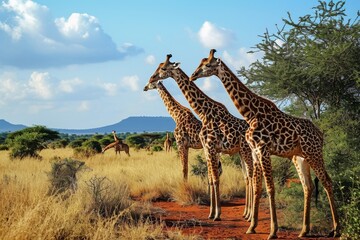 Fototapeta premium Group of giraffes in the National Park Kenya, AI generated