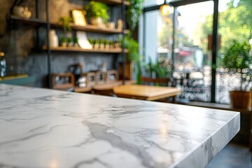 Bokeh effect in an office interior with marble stone tabletop for product display. Concept Bokeh Effect, Office Interior, Marble Stone Tabletop, Product Display, Photography