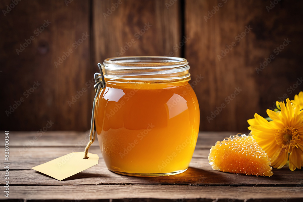 Sticker Honey in a glass jar with wooden honey dipper on wooden table. Honey jar mockup, tag on the jar. Sweet honey - healthy eating, alternative medicine.