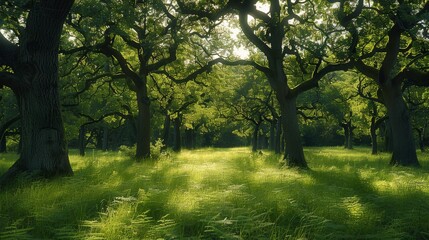 Obraz premium The shade inside a copse of oak trees. Tranquil and cool forest floor. Beyond the trees is a bright, sunny plain. Generative AI.