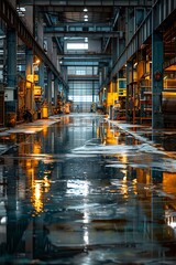 Create a cinematic establishing shot of a large, empty factory. The factory floor is wet and reflective, and the walls are lined with tall windows.