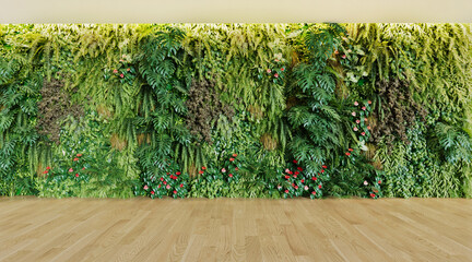 Vertical wall garden in interior design, 3d render