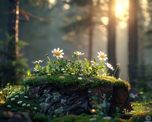 A beautiful photo of a flower growing on a tree stump in the middle of a forest